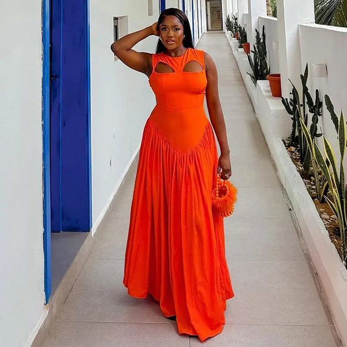 Summer Sleeveless Sweet Cute O-Neck Hollow Out Floor-Length Long Women Dress Beach Streetwear Maxi Dresses