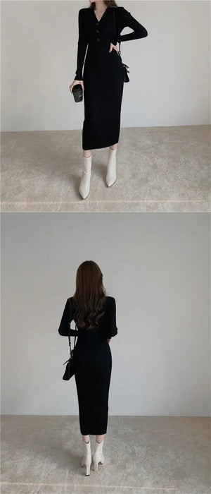Knitted Long Sleeve Dresses Women Bodycon Dress Lady Winter Buttons V Neck Sweater