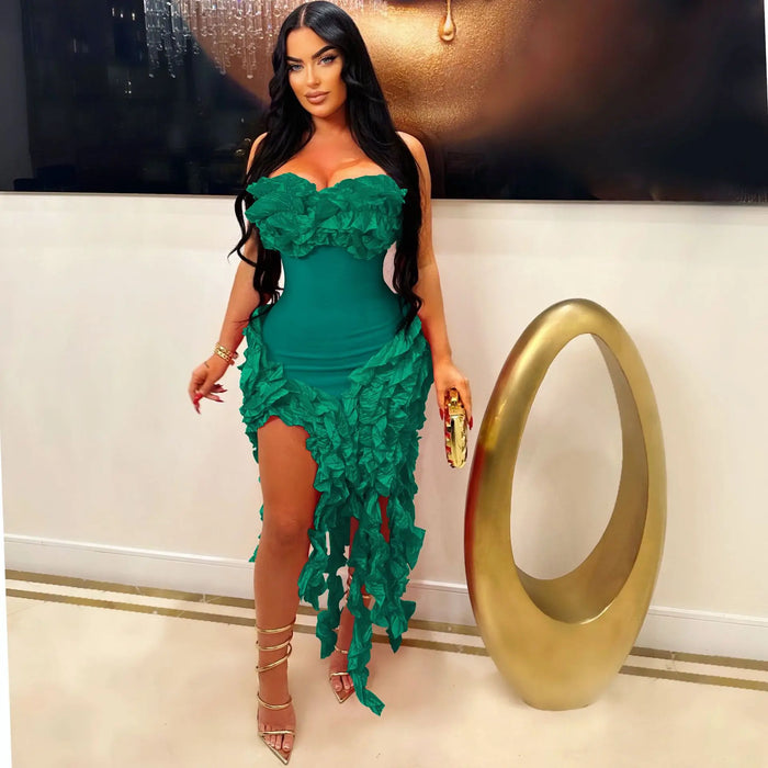 Women Strapless Ruffles Tassel Irregular Bodycon long Maxi Dress