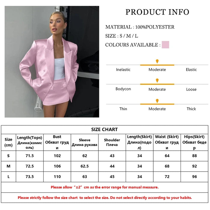Fashion Loose Pink Satin 2 Piece Sets Women Outfit Elegant Long Sleeve Blazer With Mid Waist Mini Skirts Set 
 Office Work Female