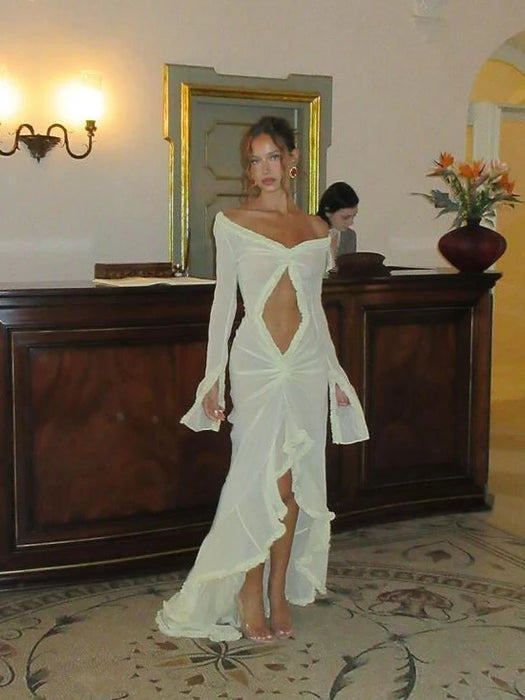 Deep V Neck Sheer Dress For Women Elegant Slim Hollow Out Dress Femme Holiday Beach Sexy Ruffle Slit Evening Ladies