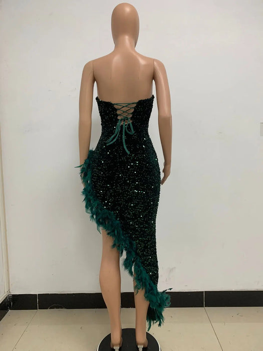 Women Sequined Strapless Feather High Side Split Strapless Bodycon Midi Maxi Dress Sexy Club Evening Party Dresses Night Lady