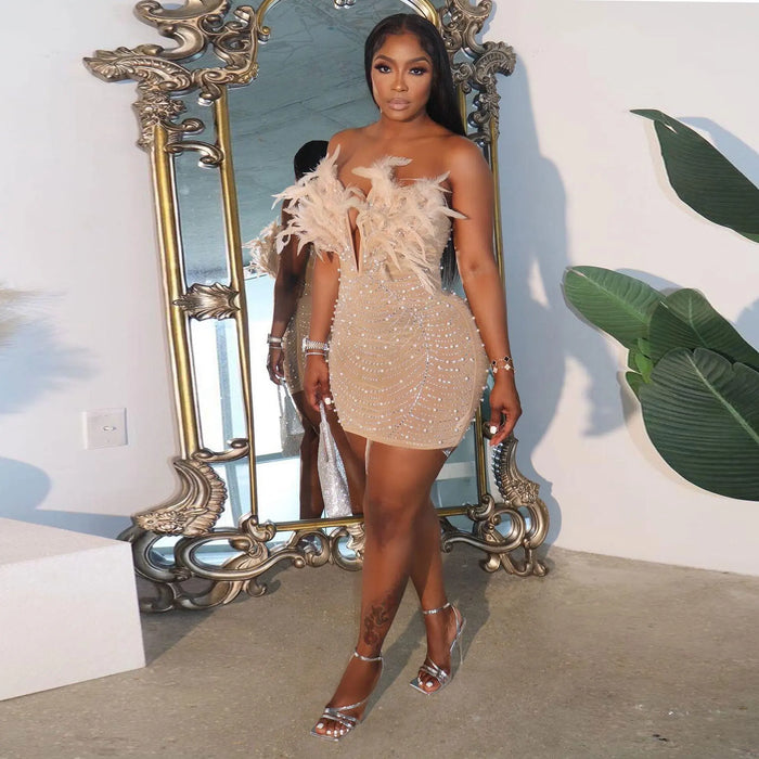 Women Diamonds Hot Rhinestones Feather Mesh Strapless Plunging V-neck Bodycon Midi Dress Sexy Party Evening Dresses