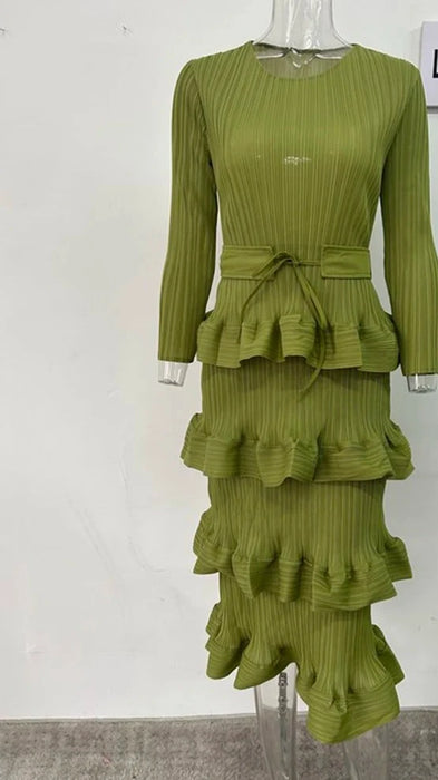 Long Pleated Dress Women Round Neck Solid Color Ruffles Belt Dresses Multi-layer Female Elegant Clothing