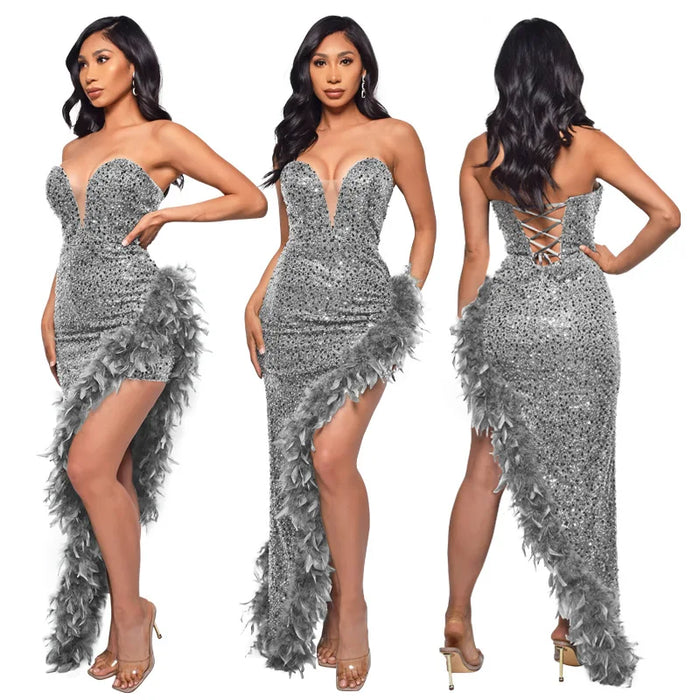 Women Sequined Strapless Feather High Side Split Strapless Bodycon Midi Maxi Dress Sexy Club Evening Party Dresses Night Lady