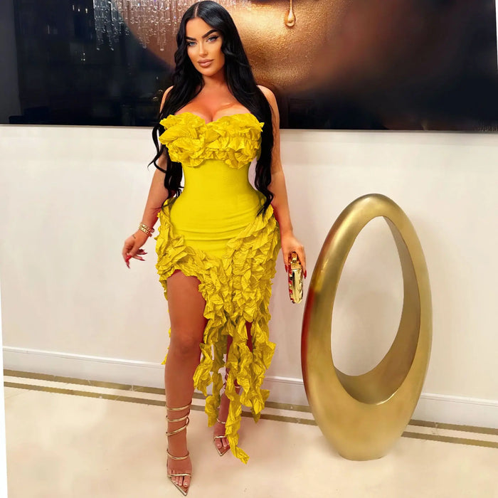 Women Strapless Ruffles Tassel Irregular Bodycon long Maxi Dress