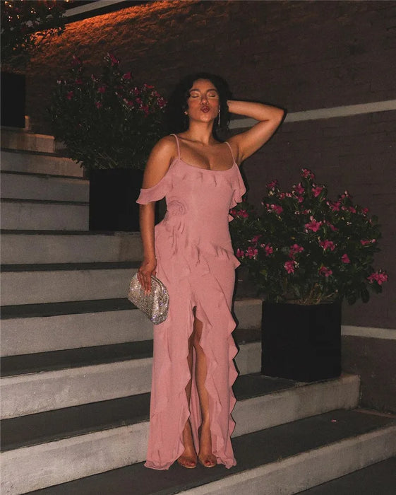 Elegant Ruffle Sexy Maxi Dress Women Spaghetti Strap Flower Sleeveless Backless High Split Club Party Evening Dress