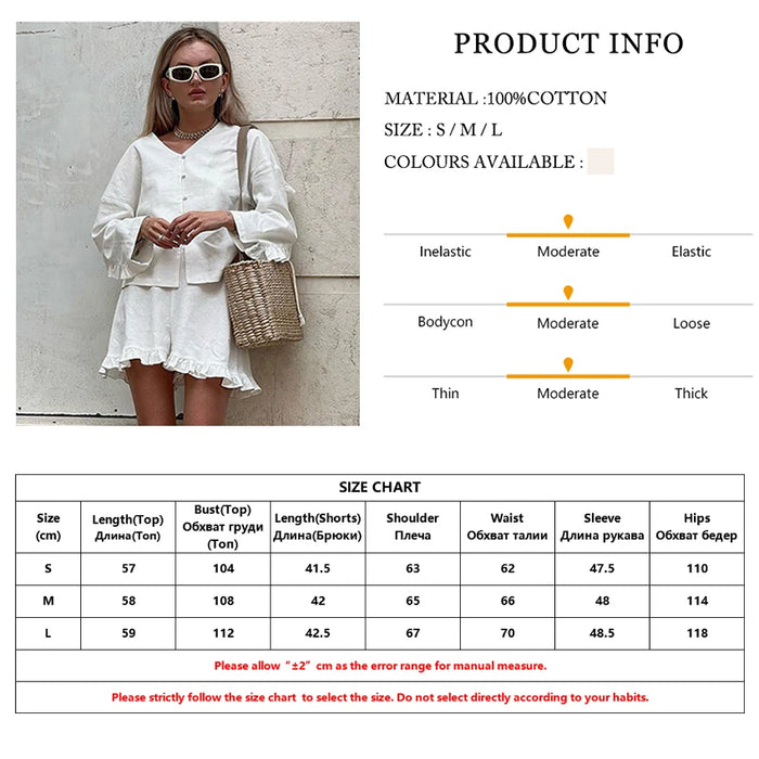 Fashion Beige Linen 2 Piece Sets Women Outfit Long Sleeve Shirts With High Waist Ruffle Shorts Set Female