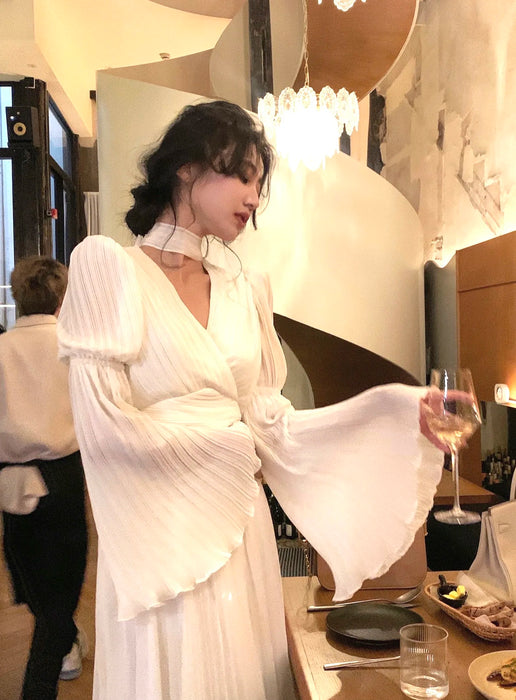 Womens French Elegant Ruffle Irregular Long Dress Pleated Party Evening