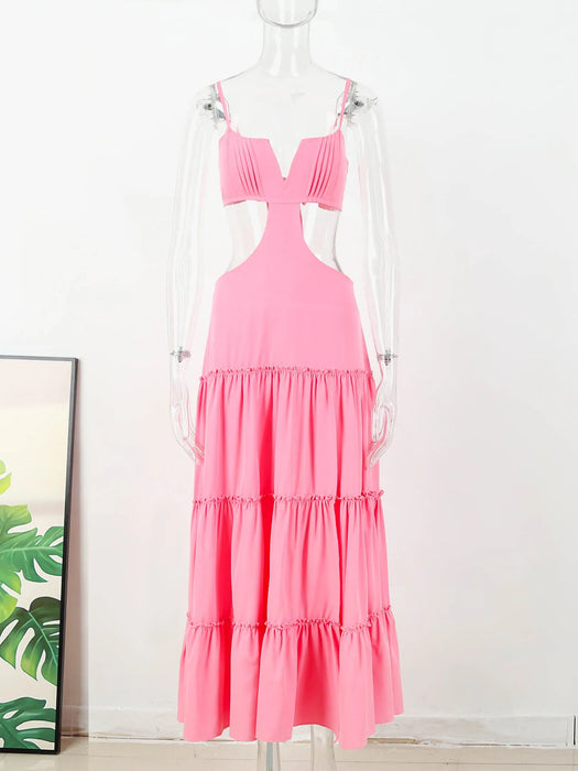 Summer Sexy Solid Women Dresses Deep V Sleeveless Naked Waist Split Long Dress Fashion Casual Party A-line