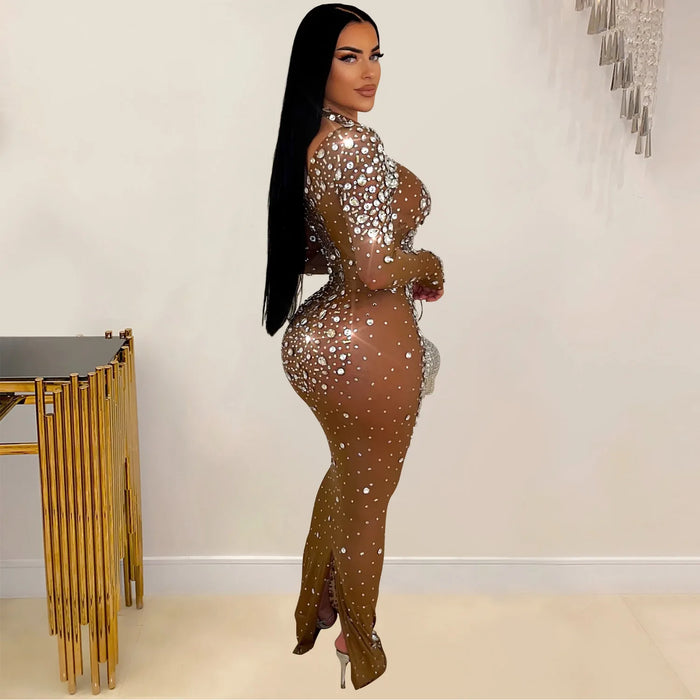 Women Long Sleeve Mesh Diamonds Hot Rhinestones Bodycon Midi Dress Women’s Maxi Long Evening Birthday Dresses