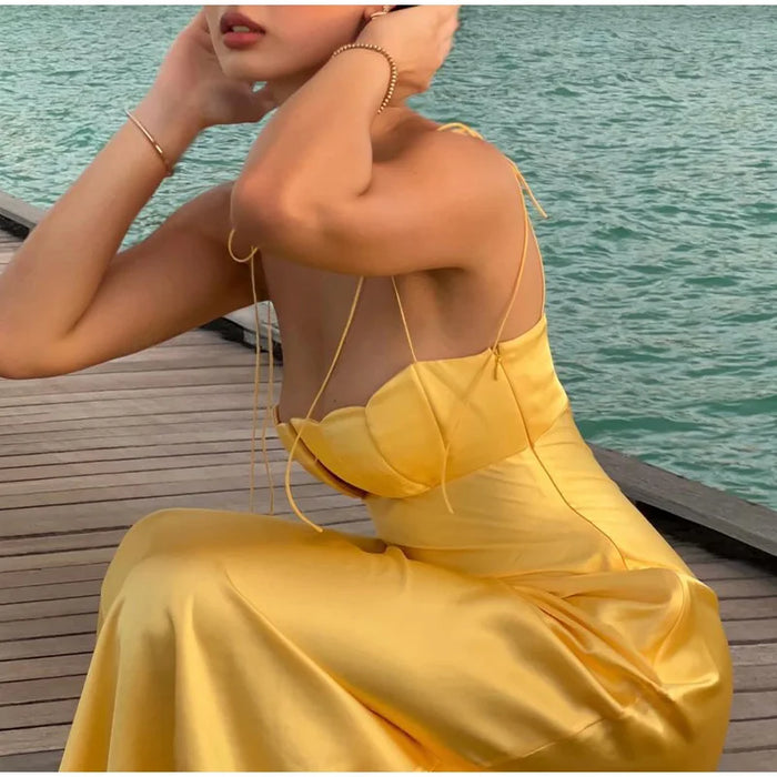 Elegant Floral Chest Backless Satin Maxi Dresses Women Summer Ladies Party Evening