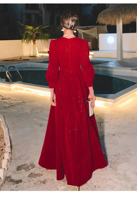 Elegant Red Sequins Midi Dress Women V-neck Formal Evening Party Dresses
