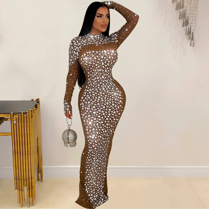 Women Long Sleeve Mesh Diamonds Hot Rhinestones Bodycon Midi Dress Women’s Maxi Long Evening Birthday Dresses