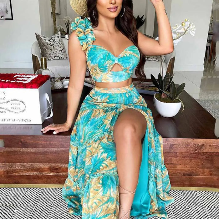 Two Piece Set For Women High Waist Skirt Off-shoulder Top Bandage Clothing A-line Ladies Dresses Summer Beach Vacation Skirt Set