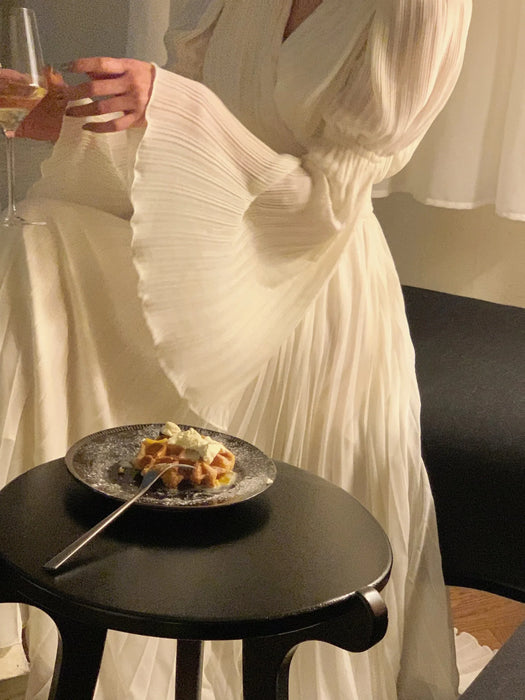 Womens French Elegant Ruffle Irregular Long Dress Pleated Party Evening