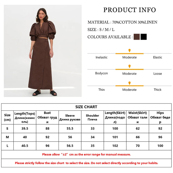 Fashion Loose Brown Linen 2 Piece Set Women Outfit Summer Long Sleeve Crop Shirt With High Waist Long Skirts Set Female