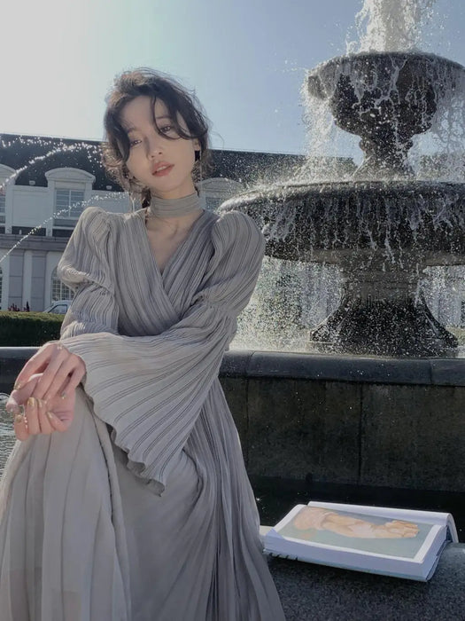 Womens French Elegant Ruffle Irregular Long Dress Pleated Party Evening