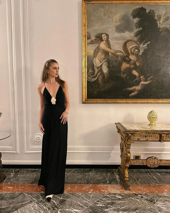 Flower Deep V-Neck Maxi Dress For Women Sheer Sleeveless Slip Long Evening Dresses Party Clubwear Sexy Backless Elegant