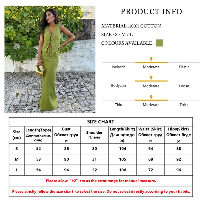 Green Cotton 2 Piece Sets Women Outfit 2024 Summer Sleeveless Tank Top With Mid Waist Long Skirts Set Female