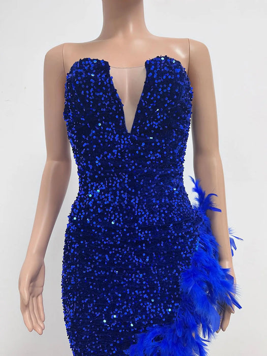 Women Sequined Strapless Feather High Side Split Strapless Bodycon Midi Maxi Dress Sexy Club Evening Party Dresses Night Lady