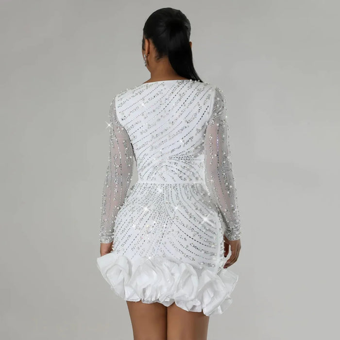 Spring Women Long Sleeve Ruffles Hot Drilling Bead Short Dress Sexy Night Club Evening Birthday Mini Dresses