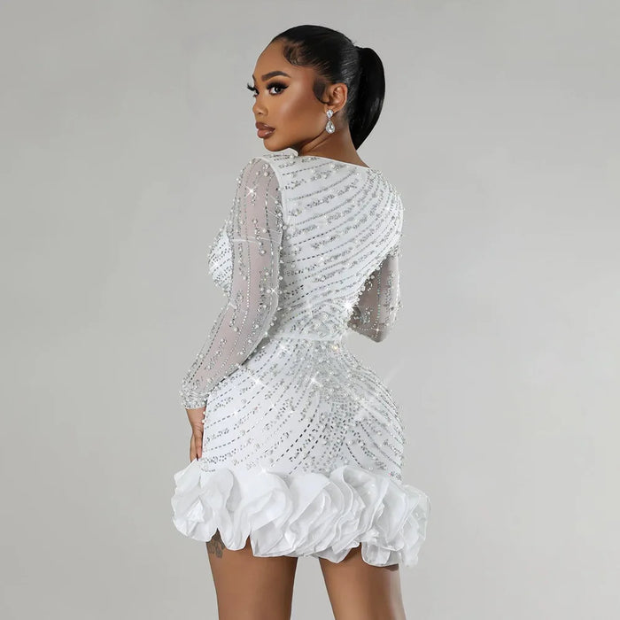 Spring Women Long Sleeve Ruffles Hot Drilling Bead Short Dress Sexy Night Club Evening Birthday Mini Dresses