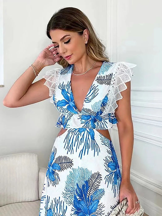 Blue Floral Print White Dresses Women Lace Hollow Out Long Dress Holiady Summer Bodycon Elegant Ruffles