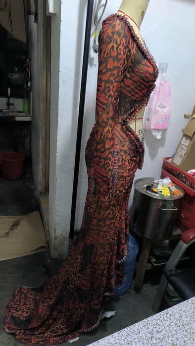 Deep V Neck Sheer Dress For Women Elegant Slim Hollow Out Dress Femme Holiday Beach Sexy Ruffle Slit Evening Ladies