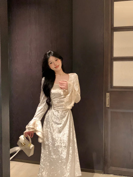 Women Long Sleeve Elegant Party Midi Dress Female Dress Semi Formal