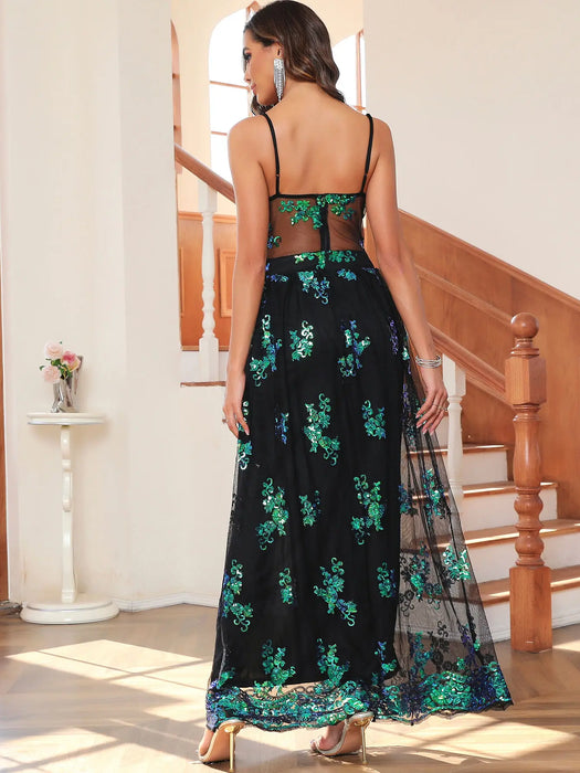 Backless Slip Green Sequin Party dress women summer Night club bodycon maxi Dress elegant evening dresses