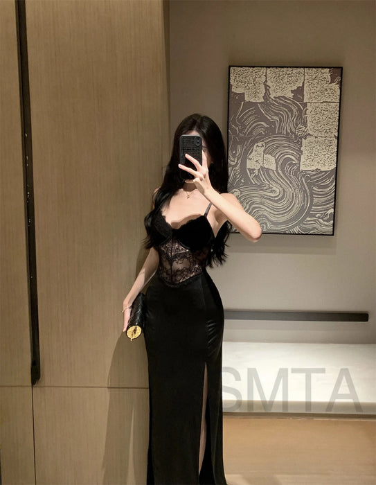 Sexy Black Lace Prom Maxi Dress Women Hollow Out Split Bodycon Camisole Dresses Evening Party Club