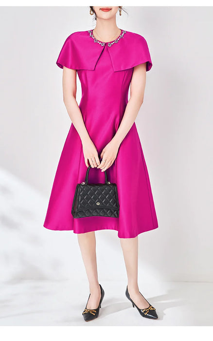 Elegant Diamonds Cloak Sleeve Dinner Party Dresses for Women Fashion Spring Summer Dress Solid Aline Knee Length