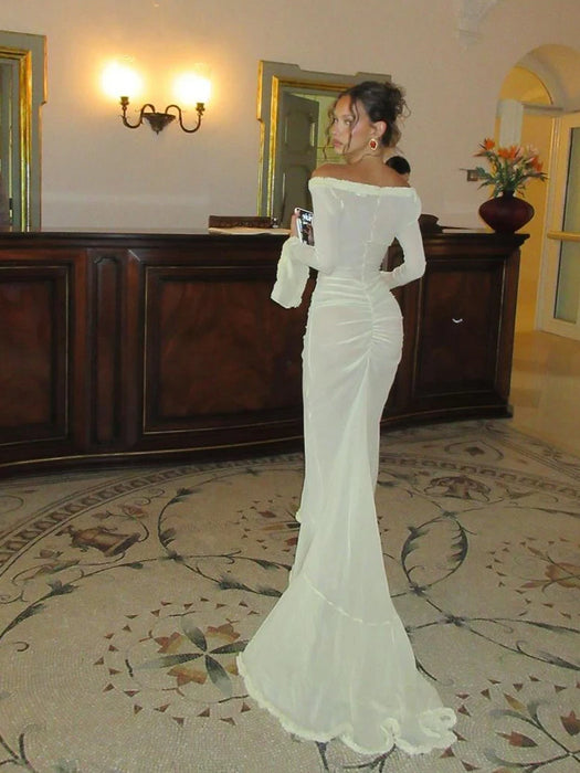 Deep V Neck Sheer Dress For Women Elegant Slim Hollow Out Dress Femme Holiday Beach Sexy Ruffle Slit Evening Ladies