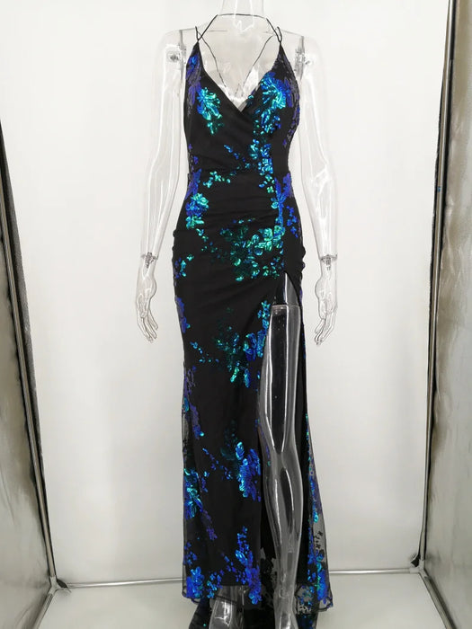 Black Sequins maxi Summer dress women Elegant Backless Party Dress long club Bodycon dresses