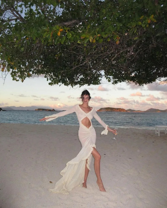 Deep V Neck Sheer Dress For Women Elegant Slim Hollow Out Dress Femme Holiday Beach Sexy Ruffle Slit Evening Ladies