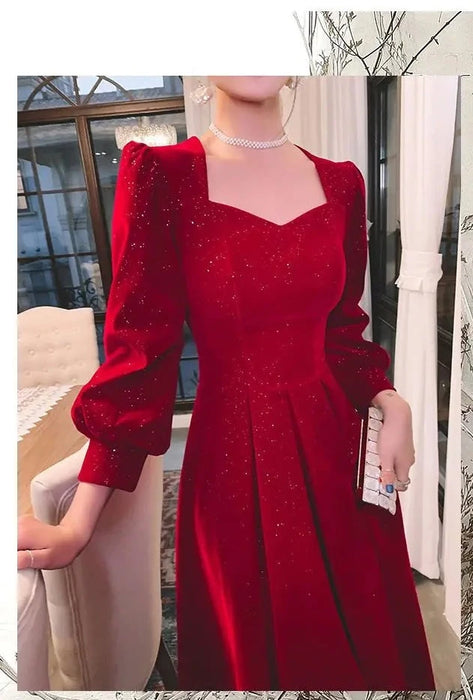 Elegant Red Sequins Midi Dress Women V-neck Formal Evening Party Dresses