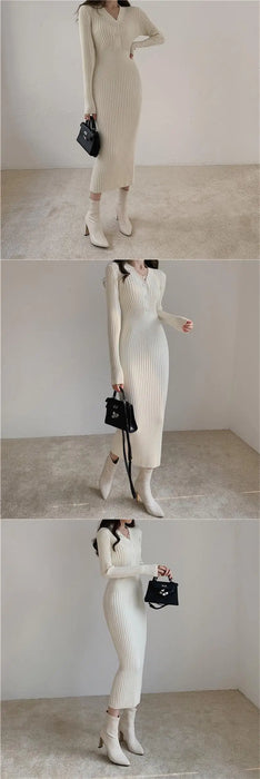 Knitted Long Sleeve Dresses Women Bodycon Dress Lady Winter Buttons V Neck Sweater