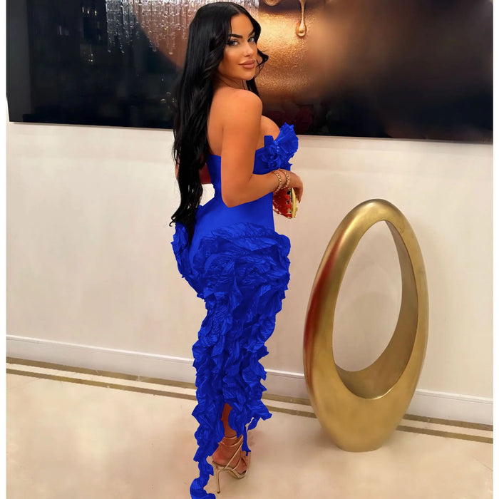 Women Strapless Ruffles Tassel Irregular Bodycon long Maxi Dress