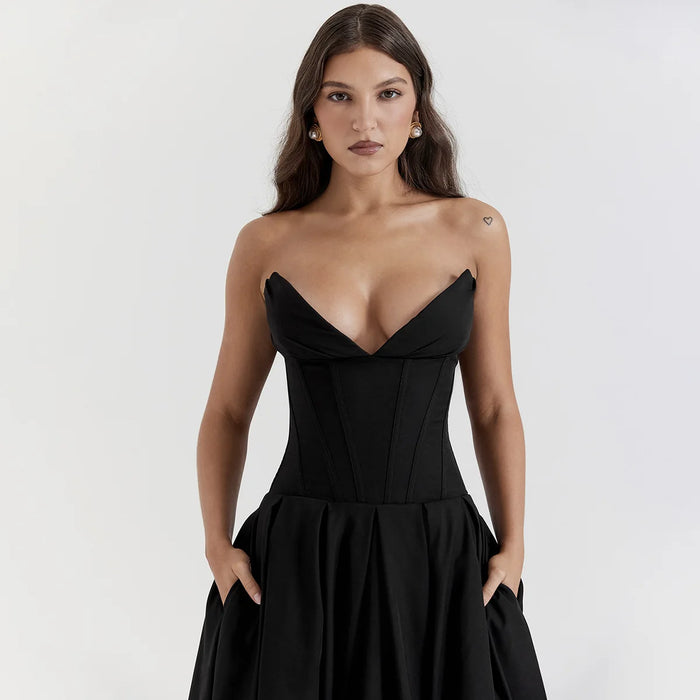 Suninheart Black Elegant Wedding Events Dress Sexy Strapless Corset Dress Midi Christmas Party Dresses for Women