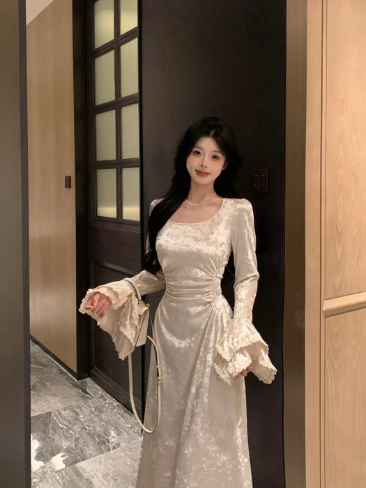 Women Long Sleeve Elegant Party Midi Dress Female Dress Semi Formal