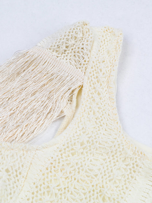 Sexy White Lace Women Dress Turtleneck Tassel Sleeve Slim Naked Waist Hollow Out Long Dress Summer Beach