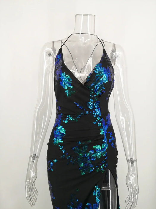 Black Sequins maxi Summer dress women Elegant Backless Party Dress long club Bodycon dresses