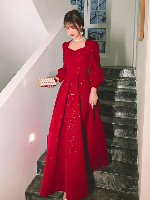 Elegant Red Sequins Midi Dress Women V-neck Formal Evening Party Dresses