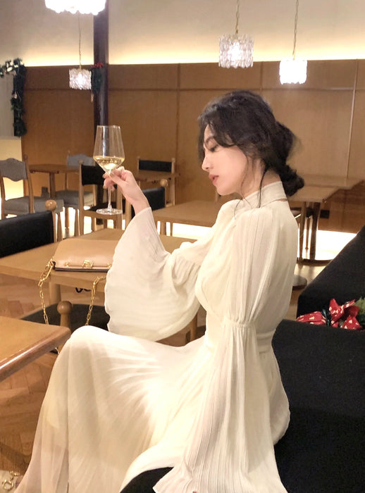 Womens French Elegant Ruffle Irregular Long Dress Pleated Party Evening