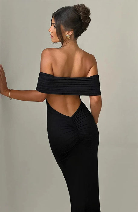 Strapless Backless Sexy Maxi Dress For Women Black Solid Off-shoulder Sleeveless Bodycon Club Party Long Dress Elegant