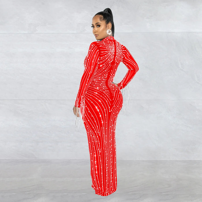 Women Mesh Tassel Long Sleeve Diamonds Hot Rhinestones Bodycon Midi Maxi Long Dress and Tank Inner Dresses 2piece Suit