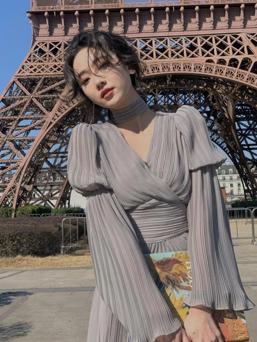 Womens French Elegant Ruffle Irregular Long Dress Pleated Party Evening