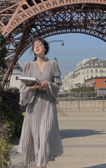 Womens French Elegant Ruffle Irregular Long Dress Pleated Party Evening