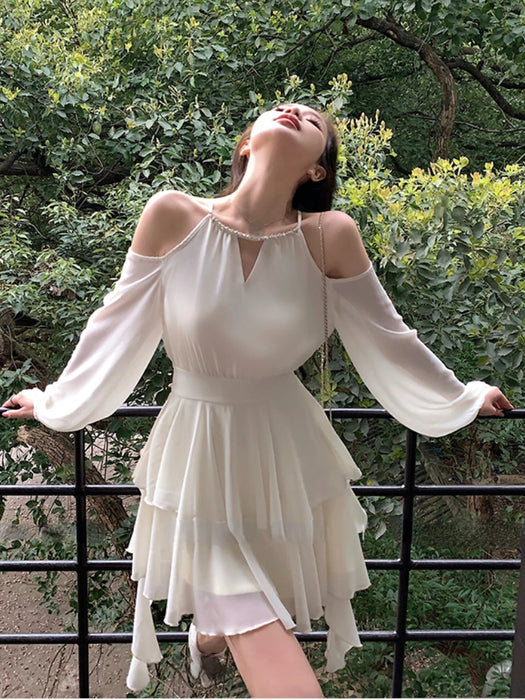 Summer Chiffon Mini Dress Women Long Sleeve Party Dresses Office Lady